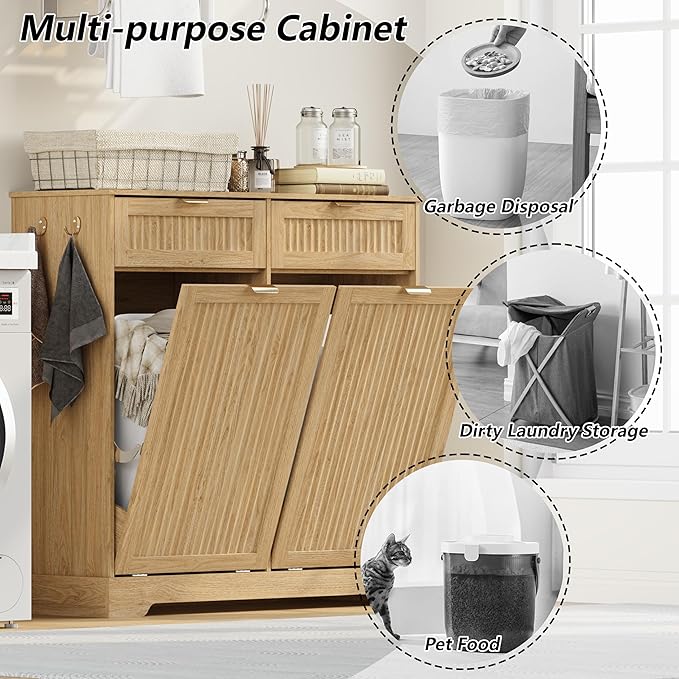 2 x 13 Gallons Double Tilt Out Trash Can Cabinet, Wooden Fluted Trash Garbage Can Cabinet with 2 Drawers, Hidden Laundry Hamper with Hooks for Kitchen Living Room, Natural Oak