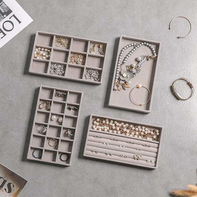 Frebeauty Jewelry Organizer Tray,Stackable Velvet Jewelry Trays,Drawer Inserts Earring Organizer For Women Jewelry Storage Display Case for Rings Stud Necklaces,Set of 4(Grey)