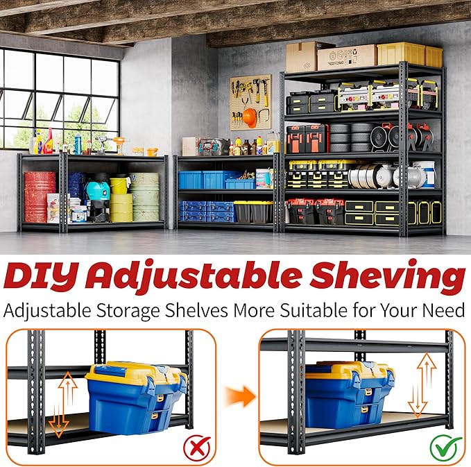 72"H Storage Shelves heavy duty, 2200LBS Garage Shelving, 5 Tier Metal Shelving Unit Adjustable Garage Shelves Utility Rack Shelf for Storage Warehouse Pantry Closet,40" W × 20" D × 72" H, Black
