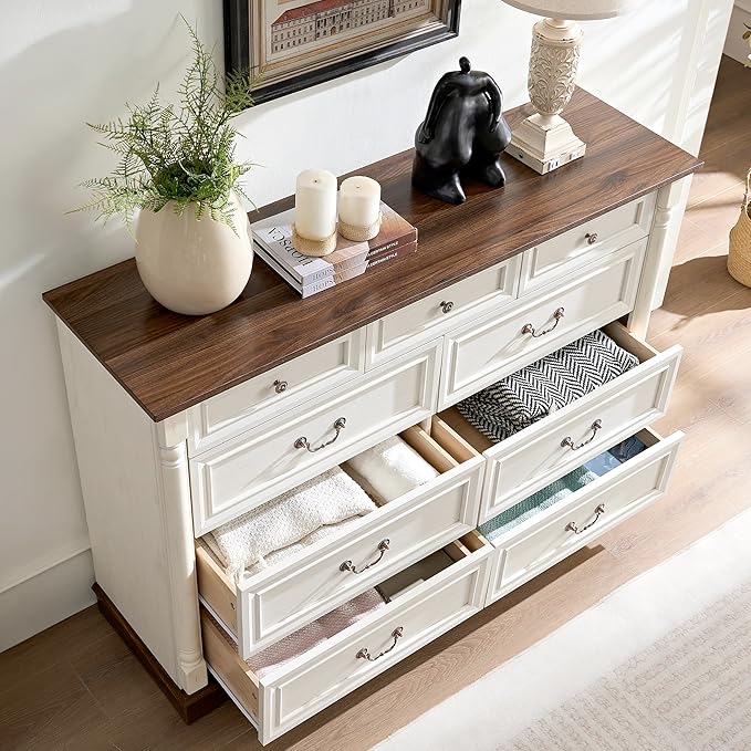 Farmhouse 9 Drawer Dressers for Bedroom, 54" Wood Chest of Drawers, Big Dressers with deep Drawers & Roman Column, Antique White
