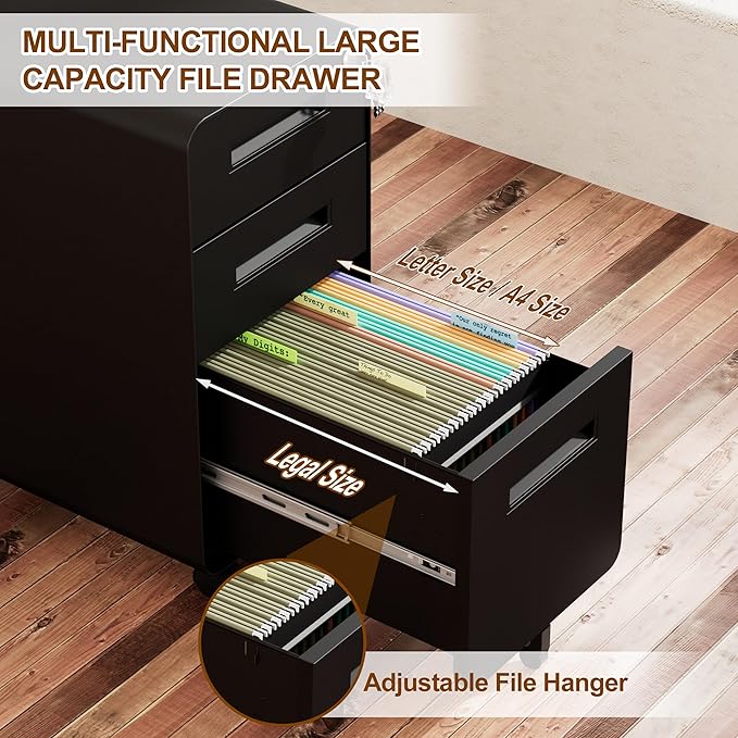 3 Drawer File Cabinet with Lock and 4 Keys, Mobile Metal Filing Cabinet, File Cabinets for Home Office, Under Desk, Pre-Assembly, File Drawer, Letter/Legal/A4 Hanging File Folders