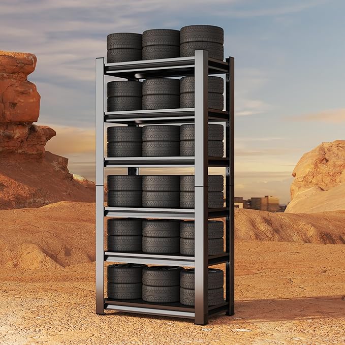 Storage Shelves, Garage Metal Shelving Unit, Adjustable, Double-Layer Column with Reinforced Ribs, Heavy-Duty, Capable of Bearing 600-3600 lbs (Black, 77 * 45 * 18, 6-Tier)
