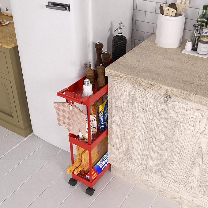 Simple Houseware 3-Tier Slim/Narrow Storage Cart with Handle, 5.5'' Wide x 26.5'' Height Rolling Organizer for Kitchen, Bathroom, Laundry Room - Red