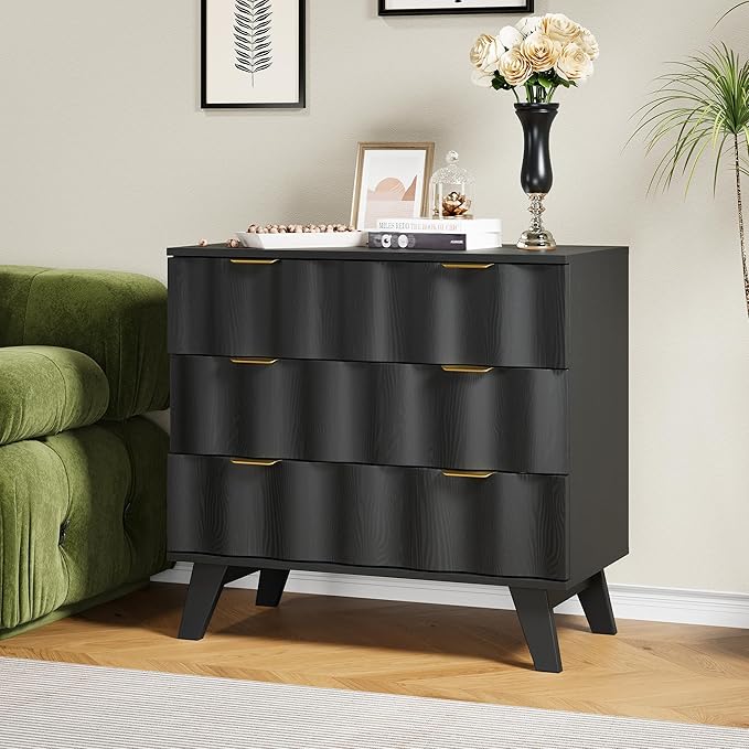 3 Drawer Dresser, Fluted Chest of Drawers with Handles for Closet, Large Nightstand with 3 Drawers Accent Cabinet for Bedroom, Living Room, Hallway (Black)