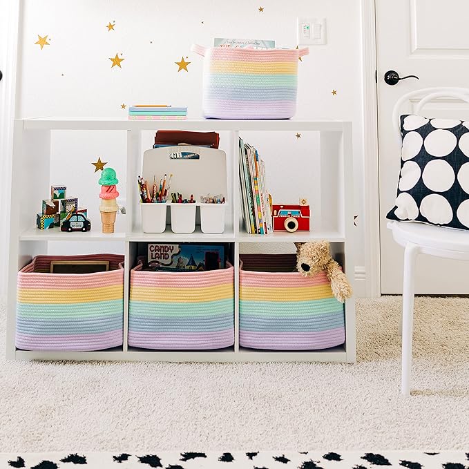 OrganiHaus Set of 3 Pastel Rainbow Woven Storage Baskets for Shelves, Decorative Organizer Bins for Kids Room, Nursery & Classroom, Colorful Toy Storage Basket for Playroom Decor – 15x9x10 inches