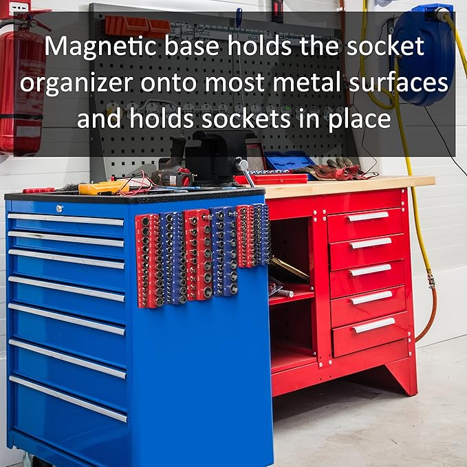 Olsa Tools Magnetic Socket Holder - 1/2-Inch Drive - Metric - Red - Holds 19 Sockets - Professional Quality Organizer - Part: 1299