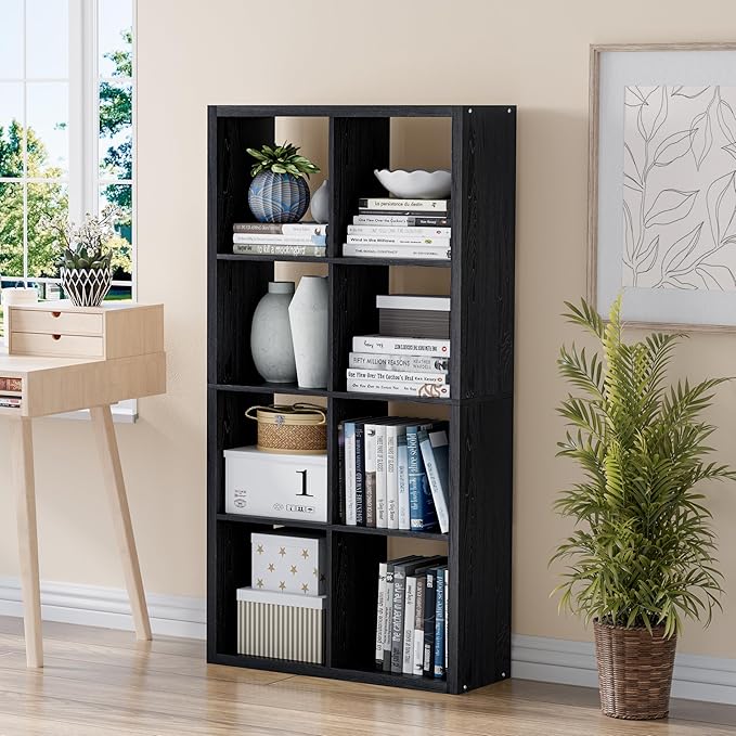 Cube Storage Organizer Bookcase, Decorative 11 inch Open Back Cubical Shelf with Thickened Border, Display Bookshelf for Living Room, Home Office, Sturdy Room (Black, 8 Cube)