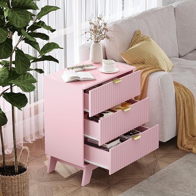 Pink Night Stand with 3 Drawers, Bedside Table & End Table, 24" Wide Mid Century Modern Fluted Wood Nightstand with Metal Handles, Farmhouse Night Stands for Bedroom