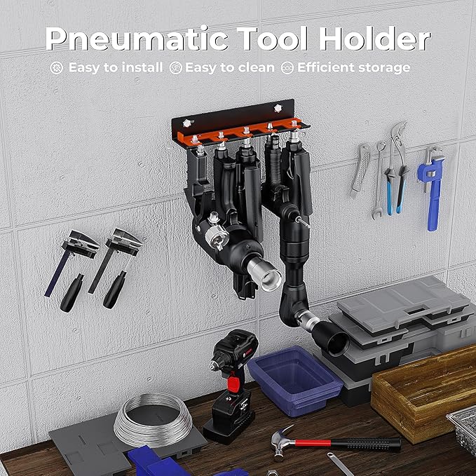 Air Tool Holder, Air Tool Rack for Garage Walls and Tool Cart Storage Organizer，Wall Mounted Lockable Pneumatic Tool Hanger for Air Compressor Tools, Pneumatic Nail Gun, Black-5 Slots