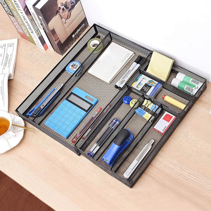 WuGeShop Expandable Office Desk Organizer, 7 compartments Mesh Desk Drawer Organizer Desk Organizer tray, Metal Office Supplies Accessories Storage, Black