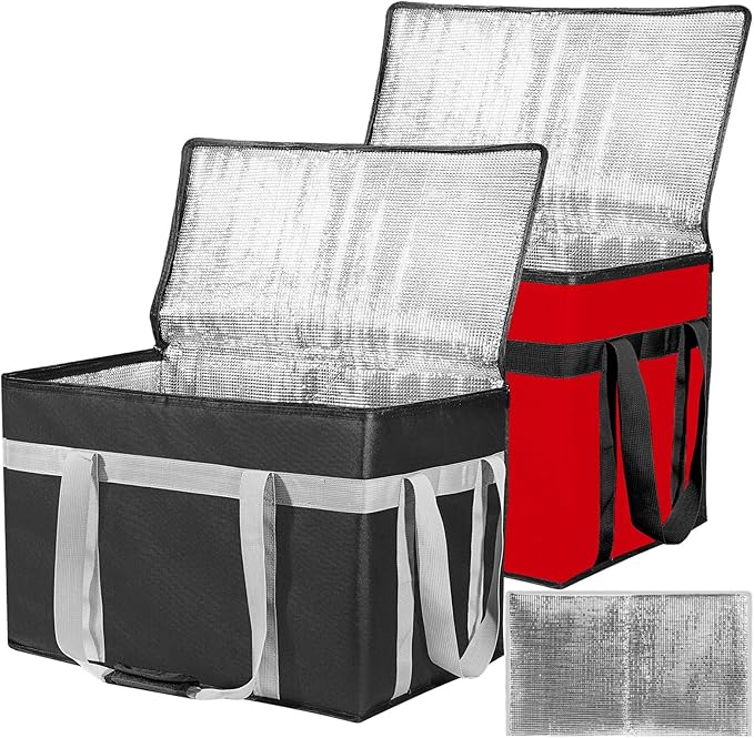 XXXL 2 Pack Insulated Food Delivery Bag with Removable Hard Bottom, Reusable Insulated Grocery Bag for Hot and Cold Food, Catering Cooler for Doordash, Warmers, Parties (Black+Red)