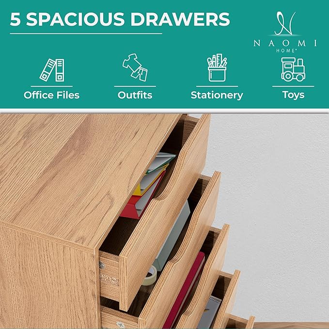Naomi Home Taylor 5 Drawer Chest, Wood Storage Dresser Cabinet with Wheels, Craft Storage Organization, Makeup Drawer Unit for Closet, Bedroom, Office File Cabinet 180 lbs Total Capacity - Natural