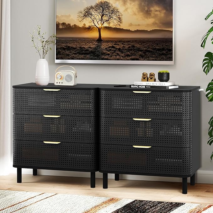 ORRD 3 Drawer Dresser, Modern Iron Rattan Cabinet Dresser for Bedroom, Large Nightstand Accent Storage Chest of Drawers for Living Room, Bedroom - Black