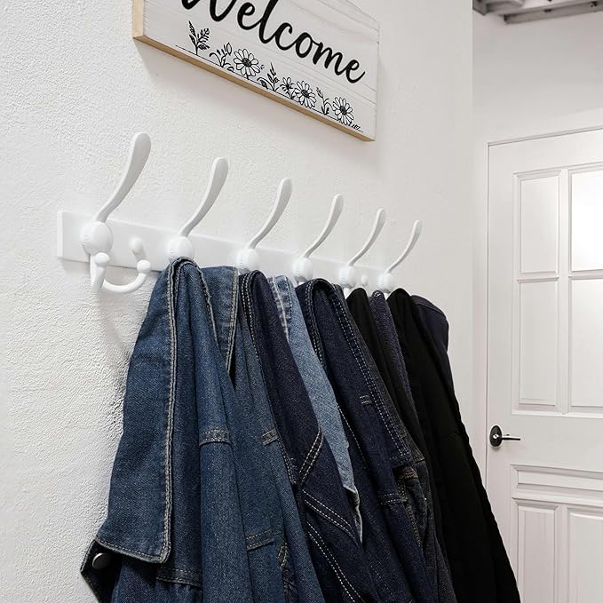 Dseap Coat Rack Wall Mount 2.0 Pro: 24” Long, 3X Tougher, Heavy Duty Stainless Steel Wall Coat Hanger with 6 Tri Hooks for Clothes Jackets Hats Entryway Closet, White