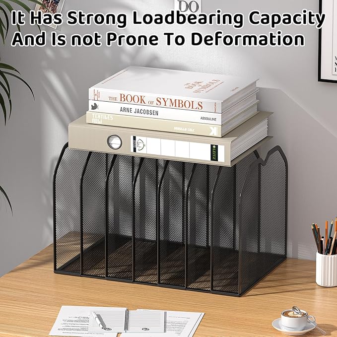 Black 7-Section File Folder Organizer for Desk – Metal Vertical File Holder, Desktop File Organizer Vertical Stand, Letter/A4 Folder Rack, Upright File Sorter, Office Paper Organizer
