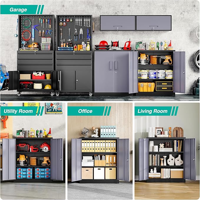 SISESOL Metal Storage Cabinet with Doors and Shelves,Garage Storage Cabinet with Lock,Black Grey Metal Cabinets with Locking Doors,Steel Cupboard for Home,Office,Garage Cabinets 36" H