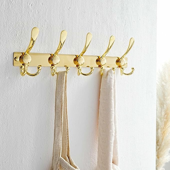 Dseap Coat Rack Wall Mount 2.0 Pro: Heavy Duty 300% Thicker, 16" Stud Mount, Stainless Steel Wall Coat Hooks Hanger for Clothes Jackets Hats Entryway Closet, MaxStrong Series, Gold