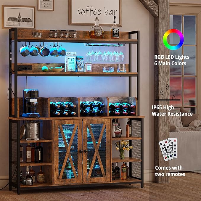 IRONCK Coffee Bar Cabinet with Power Outlet, Industrial Buffet Cabinet with LED Strip and Glass Holder, 3-Tiers Liquor Cabinet Bar for Home, Dining Room, Kitchen, Vintage Brown