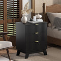 Black Night Stand with 3 Drawers, Bedside Table & End Table, 24" Wide Mid Century Modern Fluted Wood Nightstand with Metal Handles, Farmhouse Night Stands for Bedroom