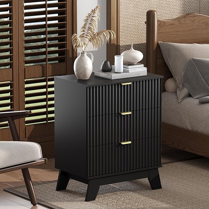 Night Stand Set 2, Bedside Table & End Table, Mid Century Modern Fluted Wood Nightstand with 3 Drawers & Metal Handles, Farmhouse Nightstand for Bedroom, Black