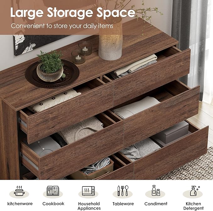 WAMPAT Dresser for Bedroom, Modern Wood Dresser with 6 Drawers, Chest of Drawers with Metal Base, Closet Organizers Storage for Living Room, Bedroom, Brown