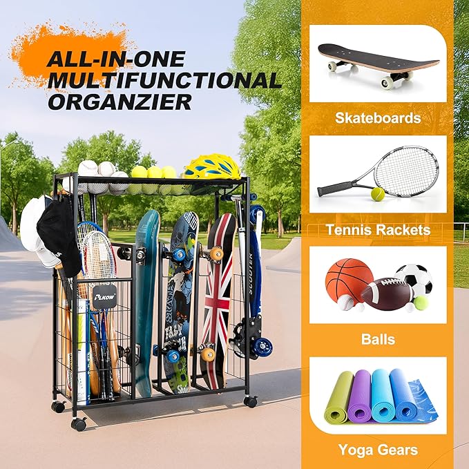 PLKOW Skateboard Storage Rack with Wheels, Sports Organizer for Skateboards, Scooters, Balls, Helmets and Sports Gear, Heavy Duty Sports Storage Rack for Garage, Home or School Use