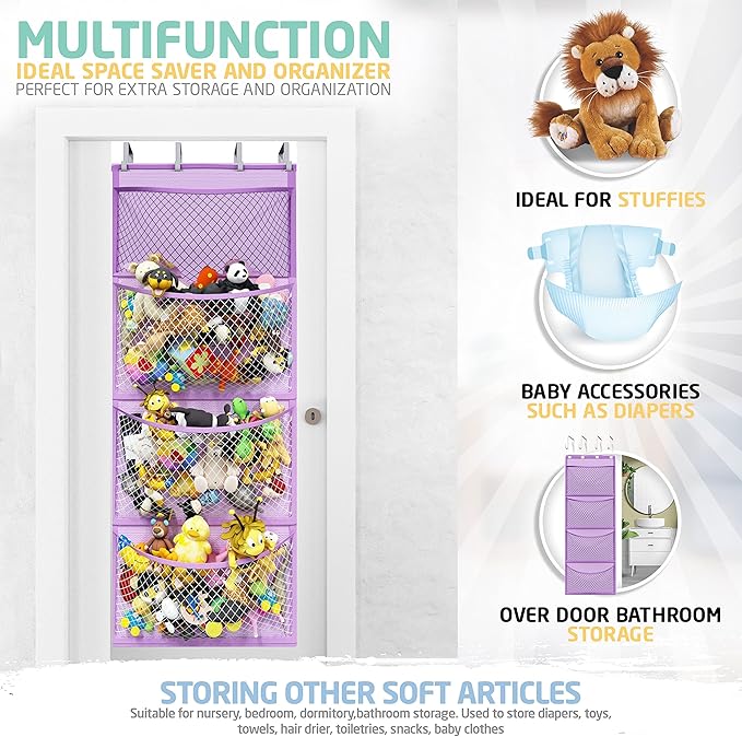 Honeyera Plush Storage (Patent Pending) - Plush Hammock Net Over Door Organizer for Stuffies, Baby Accessories, Toy/Hammock Hanging Storage Big Girls Toddler Large Bag Animals (Purple)