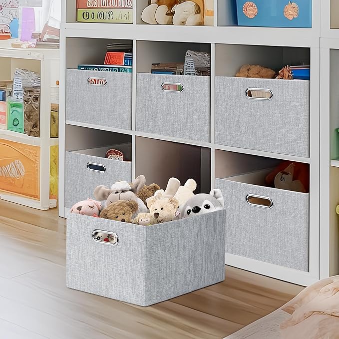 Posprica Closet Organizers and Storage, 4 Pack Large Linen Storage Bins, Decorative Shelf Storage Baskets for Organizing, Foldable Fabric Storage Box for Clothes, Toy, 15x10.5x8.25 Inch(Grey)