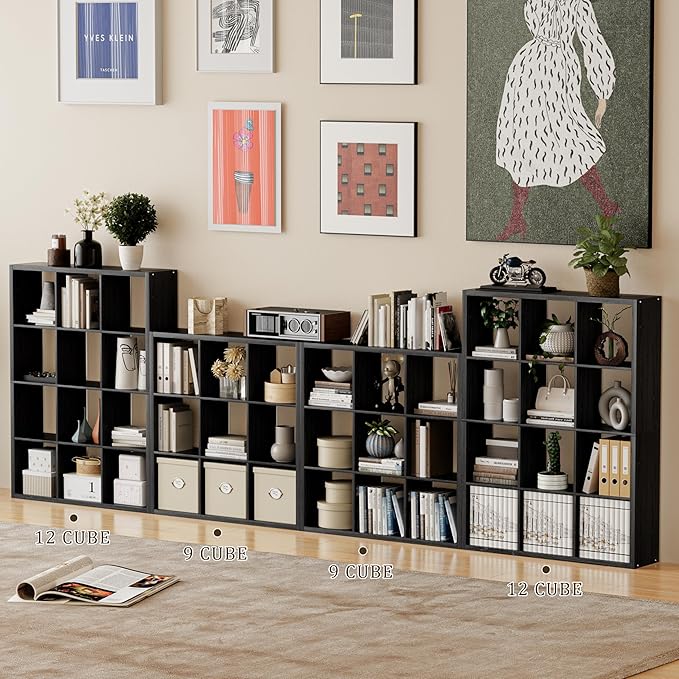 Cube Storage Organizer Bookcase, Decorative 11 inch Open Back Cubical Shelf with Thickened Border, Display Bookshelf for Living Room, Home Office, Sturdy Room (Black, 9 Cube)