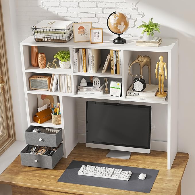 REIBII Desktop Bookshelf,Adjustable Desktop Organizer,High-Capacity Desk Hutch Organizer with 7 Shelves and 2 Drawers for Computer Desk,Desk Shelf for Top of Desk, Desk Hutch Dorm, White