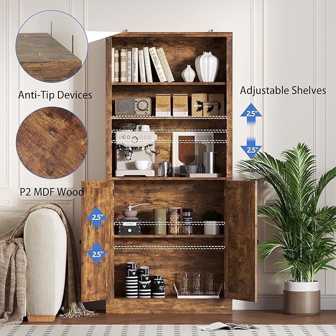 71.4" Tall Bookshelf with Cabinet, 5-Tier Floor Standing Bookcase with Doors & Adjustable Shelves, 31.5" Wide Storage Shelf, Metal Handles, Modern Organizer for Home Office, Living Room