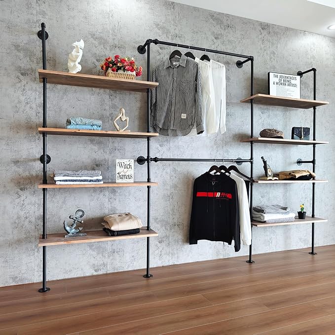 Industrial Pipe Clothing Rack, Wall Mounted Garment Hanging Rack with Shelves, 14.6x112.6x82.7 Inches, Model Y03