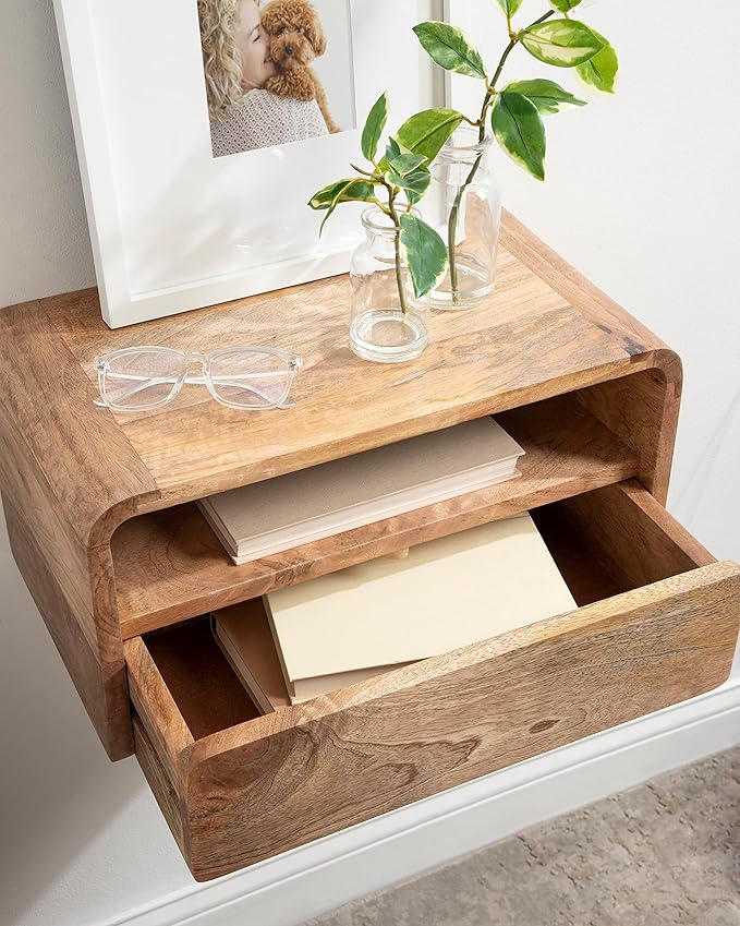 Kate and Laurel Kato Transitional Wood Floating Side Table with Drawer, 18 x 10 x 9, Natural Brown, Modern Wooden Floating Nightstand for Bedroom Bedside Table