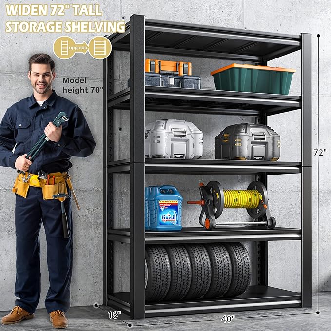 REIBII Garage Shelving Heavy Duty 2500LBS Storage Shelves 40" W Garage Shelves Heavy Duty Shelving Metal Shelves for Warehouse, Basement, Pantry, 40" W x 17.7" D x 72.2" H, 2Pack