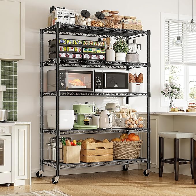 REIBII 73''H Storage Shelves 1660LBS Wire Shelving Unit with Wheels 5 Tier Metal Shelving,Heavy Duty Metal Shelves for Storage Rack,73''HX35''WX15''D