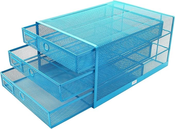 Annova Desk Organizer Wire Mesh 3 Tier Sliding Drawers Paper Sorter/Multifunctional/Premium Solid Construction for Letters, Documents, Mail, Files, Paper, Kids' Art Supplies (Blue)