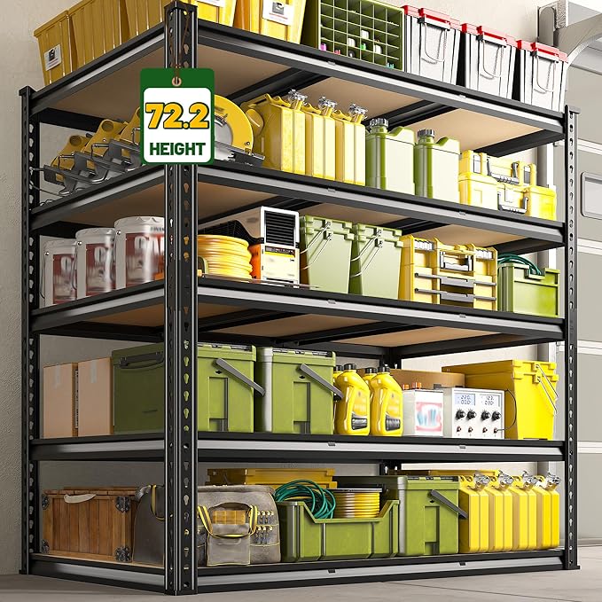 2800 LBS Garage Shelving 72.2" H Garage Storage Shelves, 5 Tier Adjustable Shelving Unit, Storage Shelves for Storage, Basement, Warehouse, Pantry, Kitchen, 48.1" W x 24.1" D x 72.2" H, Black
