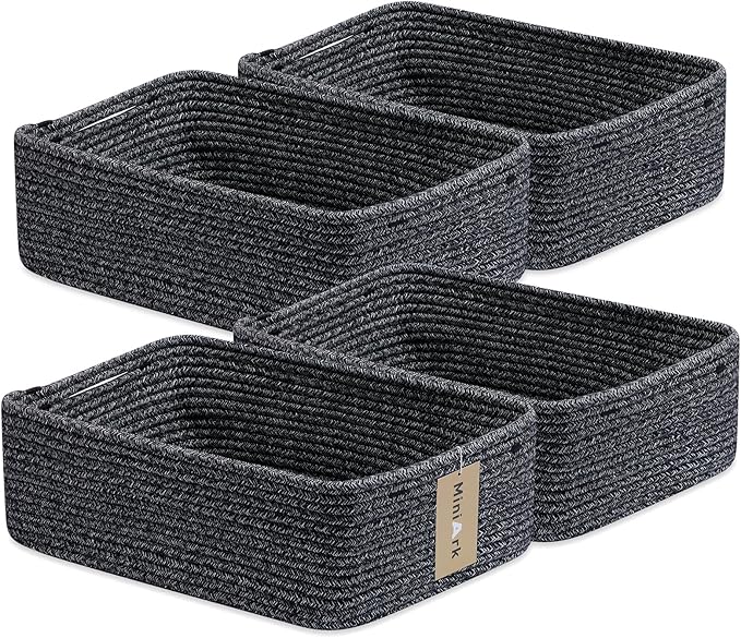 Large Shallow Organizing Baskets 15x11x5.1 Inches - Rope Woven Storage Bins for Bathroom, Shelves, Cube Closet, Mixed Black 4 Packs