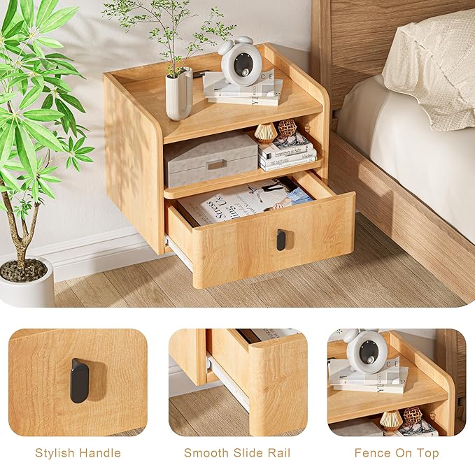 Floating Nightstand Set of 2, Modern Wall Mount Bedside Table with Drawer & Open Shelf, Space-Saving Night Stands with Charging Station, Natural Wood Finish for Bedroom
