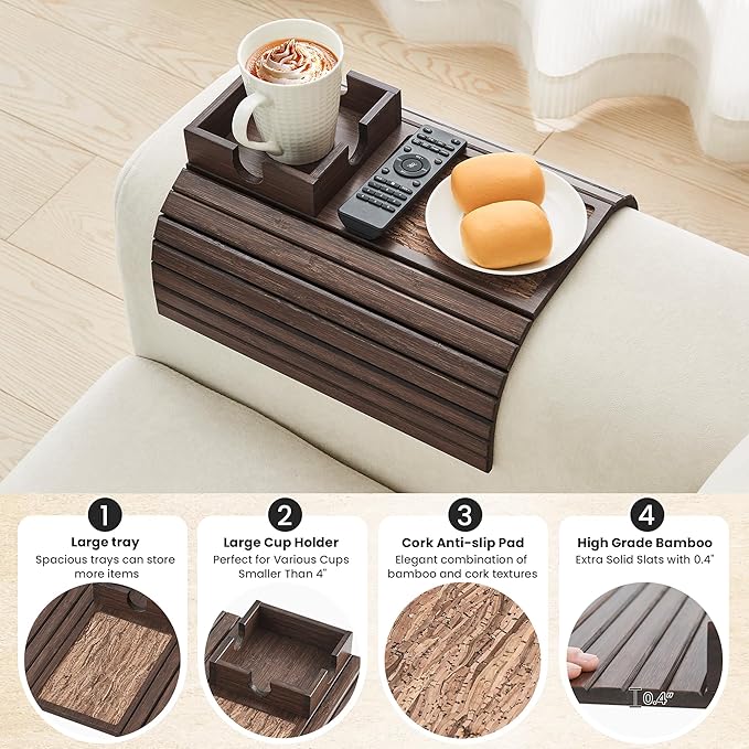 Bamboo Sofa Arm Tray Table, Foldable Couch Cup Holder, Anti-Slip Wide Couch Arm Tray Aremrest Table for Drink, Cup, Remote, Snacks, Cellphone, Portable, Brown
