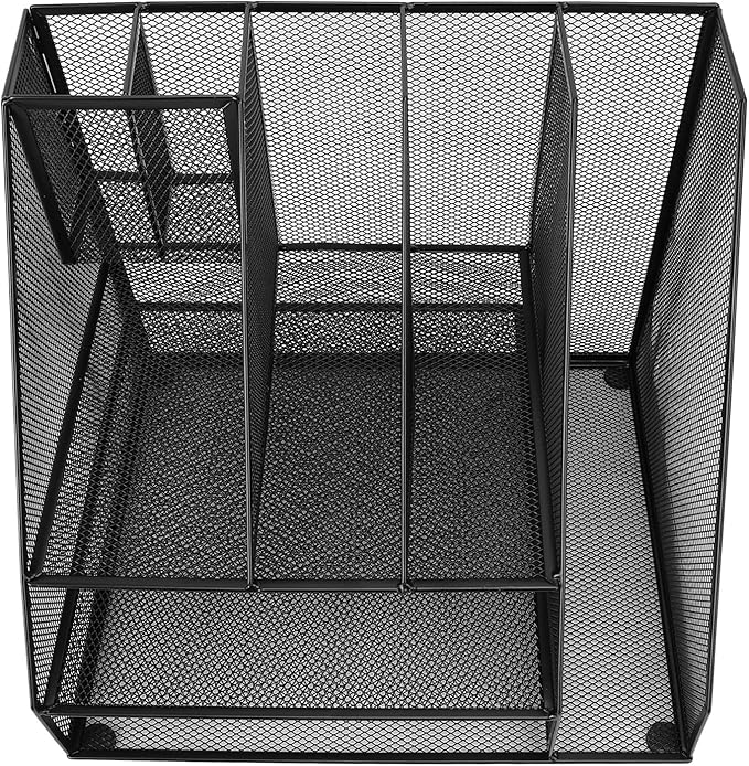Hyuduo Office Desk Organizer, Black Iron Mesh 3 Tier Paper Letter Tray with 2 Pen Holders and File Rack Metal Structure for Office and Home Desk Organization