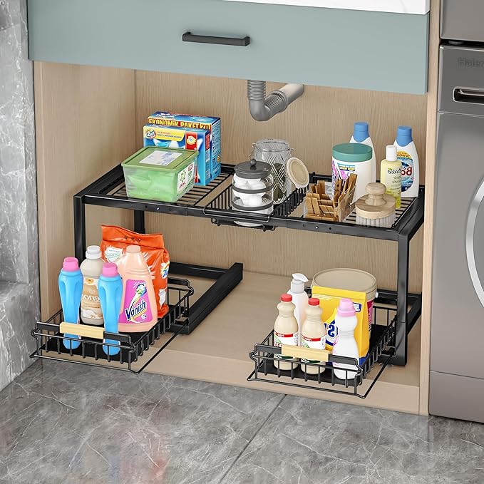 Under Sink Organizer,Pull Out Storage Organizer,2 Tier Sliding Sink Organizer Under Cabinet For Kitchen,Bathroom
