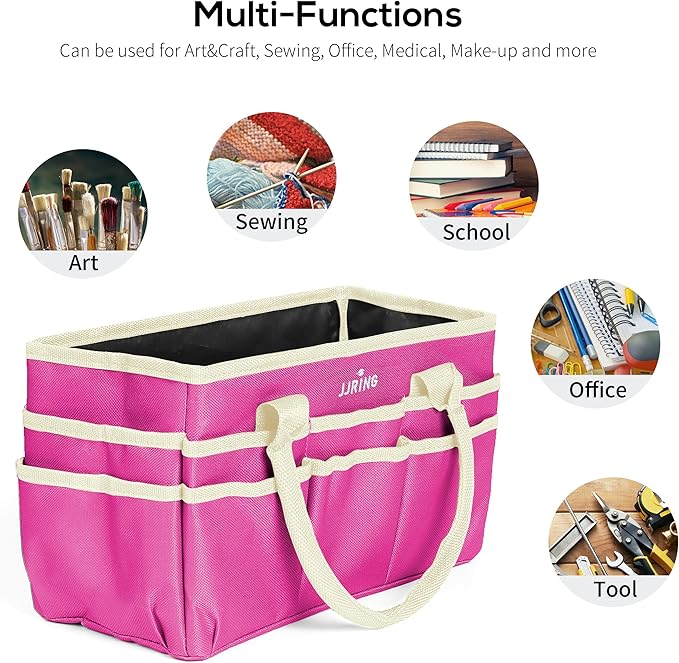 JJRING Craft and Art Tote - 600D Rose Red Nylon Fabric Art Sewing Organizer Bag with Pockets - for Craft, Scrapbooking, Medical, and Office Supplies Storage