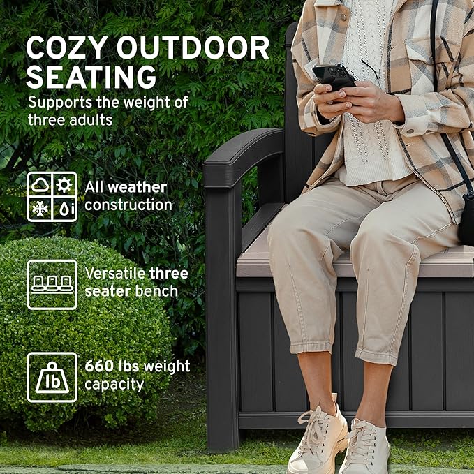 EconoHome 3 Seat Outdoor Storage Bench - 90 Gallon Capacity - Weatherproof Resin Bench for Patio, Porch, Garden, Yard, Pool Area - Furniture for Pool Accessories, Gardening Tools, Toys