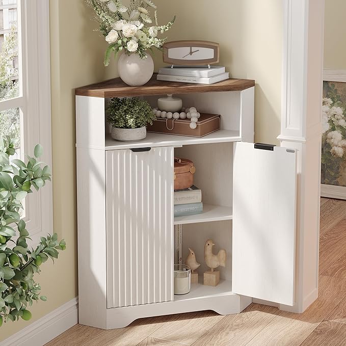 Vabches Corner Cabinet, Corner Bathroom Cabinet with Open Storage, Modern Fluted Storage Cabinet with 2 Doors and Adjustable Shelf, Home Space Saver for Bathroom, Kitchen, Living Room, Pantry, White