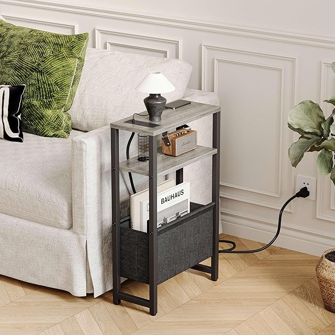 Narrow Side Table with Charging Station Slim End Table Sofa with Magazine Rack, Bedside Table for Small Spaces, 3 Tier Nightstand for Living Room Couch, Bedroom Oak Grey LET503QE