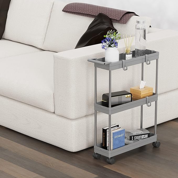Simple Houseware 3-Tier Slim/Narrow Storage Cart with Handle, 5.5'' Wide x 26.5'' Height Rolling Organizer for Kitchen, Bathroom, Laundry Room - Grey