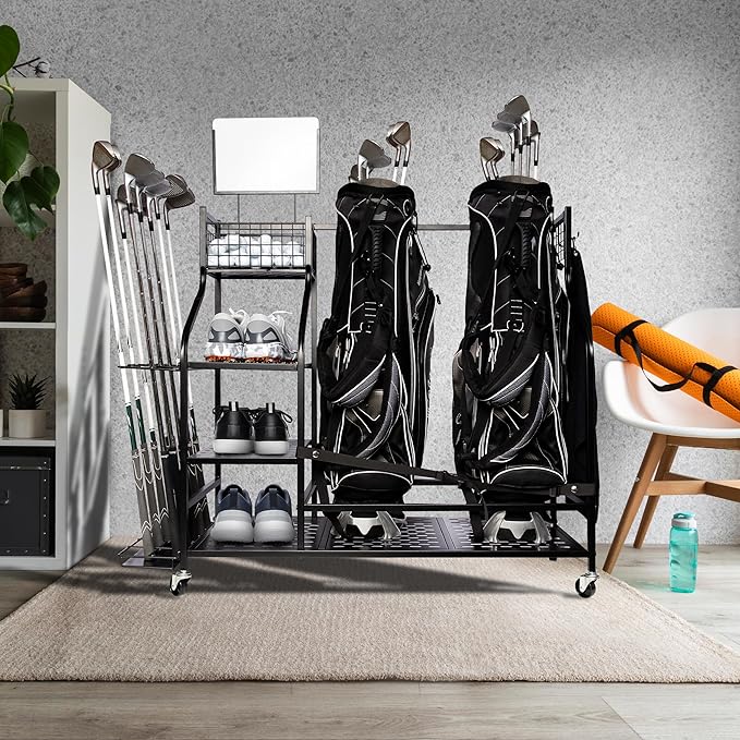 Heavy-Duty Golf Storage Rack for Garage – Holds 2 Golf Bags – Freestanding Organizer with Shelves, Club Stand, Hooks & Basket – Perfect for Shed, Backyard, Home Simulators, Basement