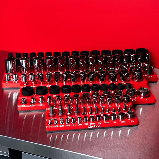 Olsa Tools Magnetic Socket Organizer | 6pc Socket Holder Kit | 1/2-Inch, 3/8-Inch, & 1/4-Inch Drive | Socket Organizers For Toolboxes | Blue | Holds 273 | Professional-Grade Tool Organizer | Part 1669