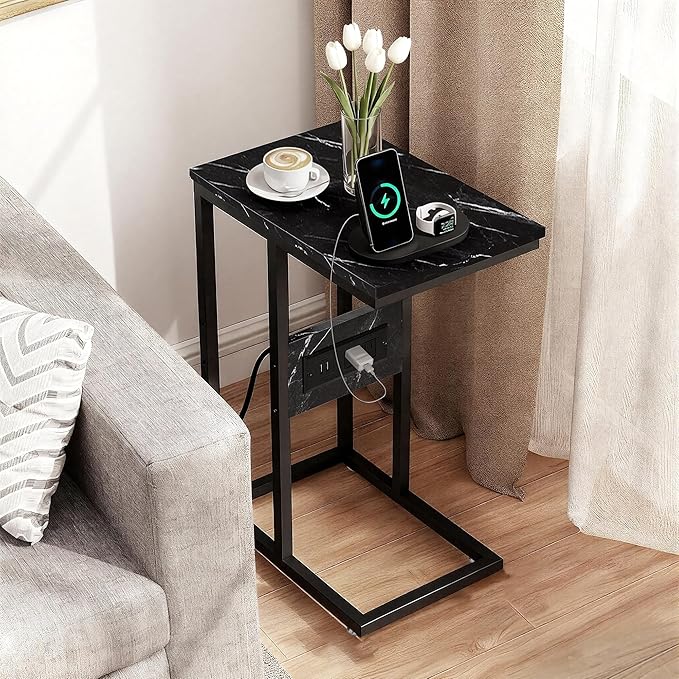 VECELO C Shaped End Side Table with Charging Station & Power Outlets for Couch Sofa/Bed, Snack TV Tray with Metal Frame for Living Room Bedroom 2 PCS Black Marble
